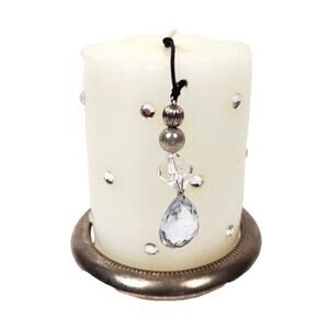Handmade Holiday Jeweled Pillar Candle in Leonard Silver Plate Crystal Coaster